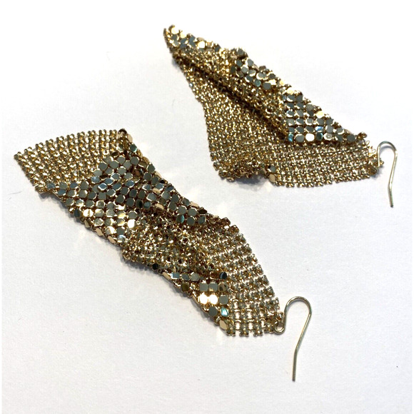Vintage Pierced Earrings Liquid Gold Tone Mesh Fluid Look Dangle & Drop Disco - Picture 6 of 6